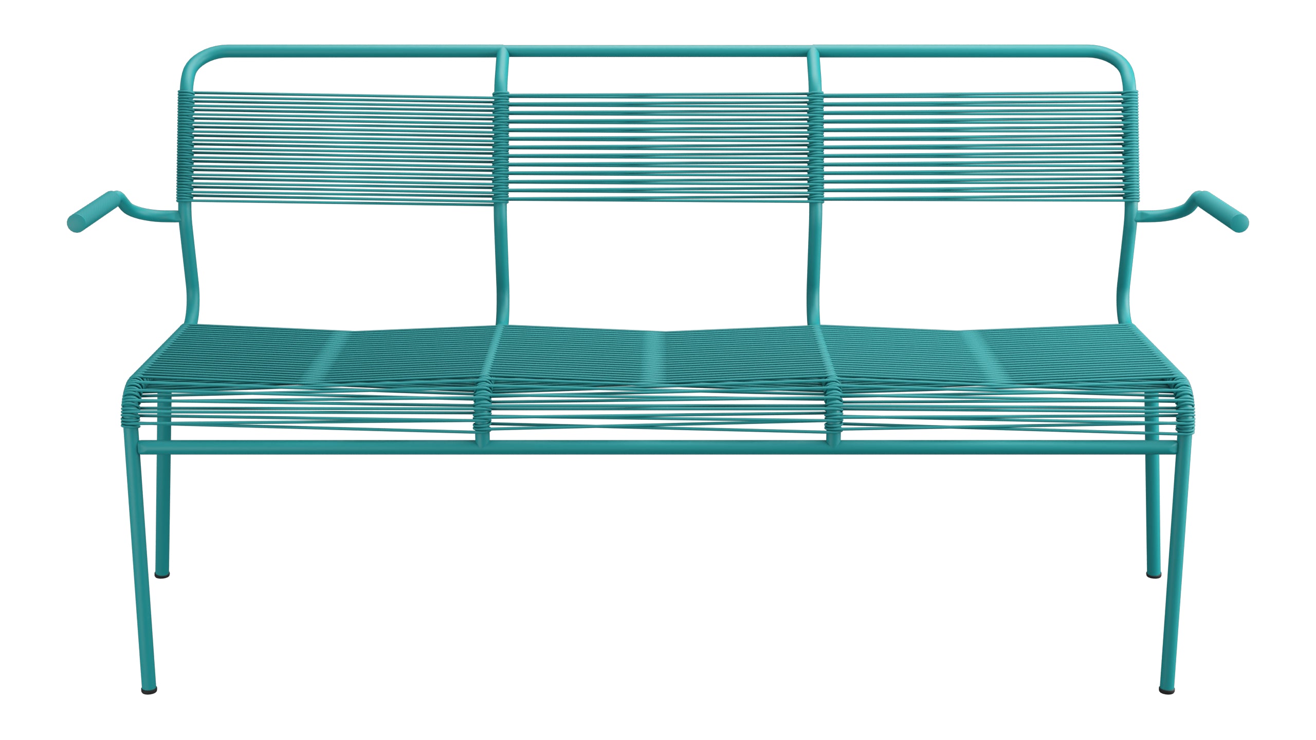 Säntis Spaghetti-3er-Gartenbank mit Armlehne in Kaliblau präsentiert im Onlineshop von KAQTU Design AG. Gartenbank ist von Schaffner