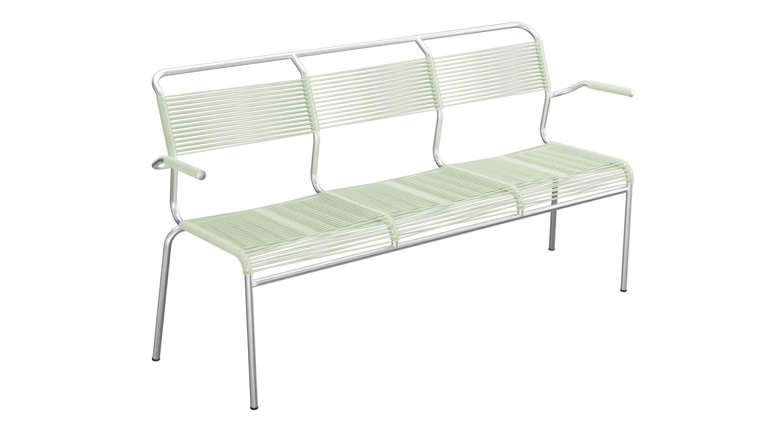 Säntis Spaghetti-3er-Gartenbank mit Armlehne in Pastellgrün präsentiert im Onlineshop von KAQTU Design AG. Gartenbank ist von Schaffner