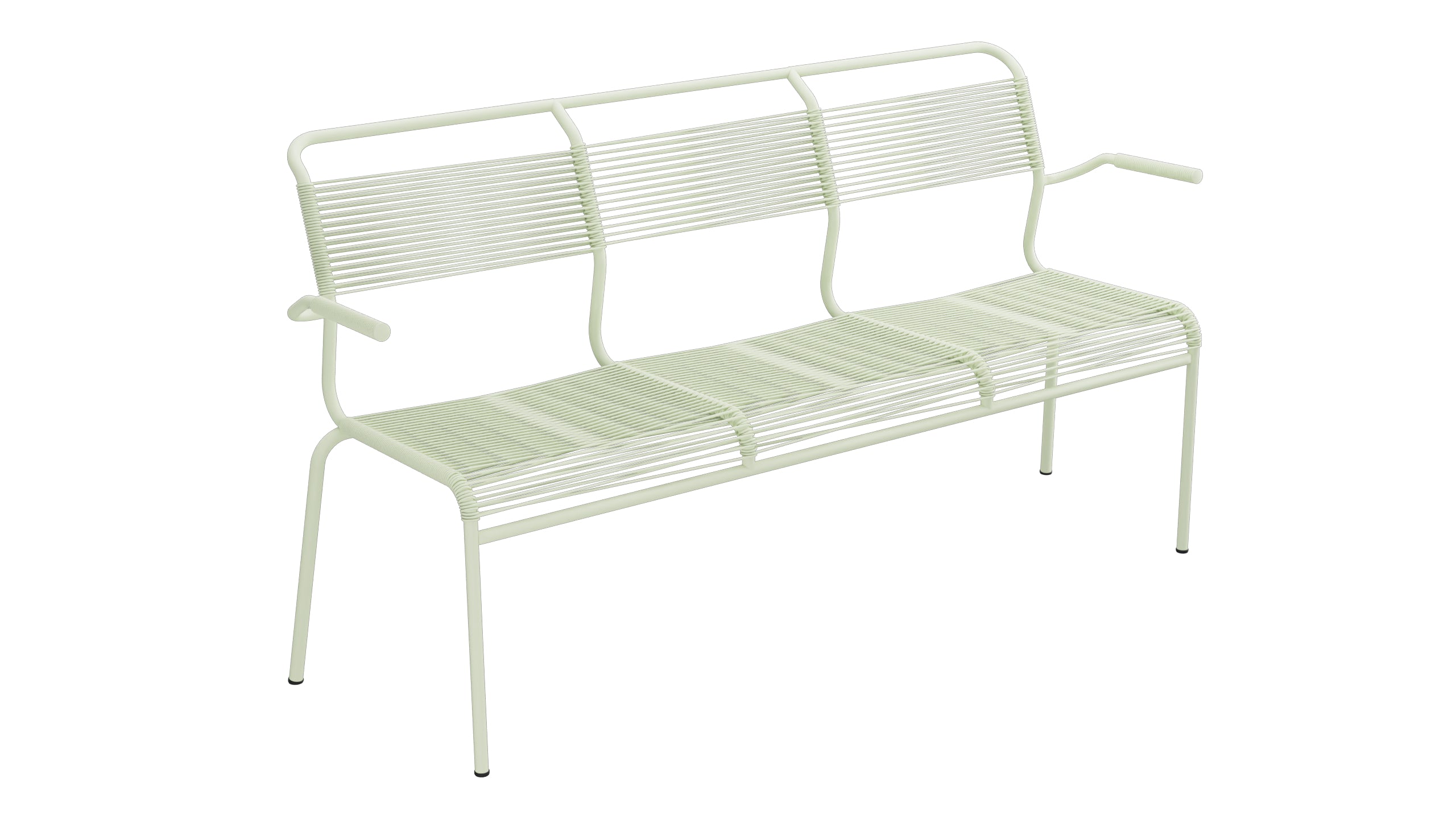 Säntis Spaghetti-3er-Gartenbank mit Armlehne in Pastellgrün präsentiert im Onlineshop von KAQTU Design AG. Gartenbank ist von Schaffner