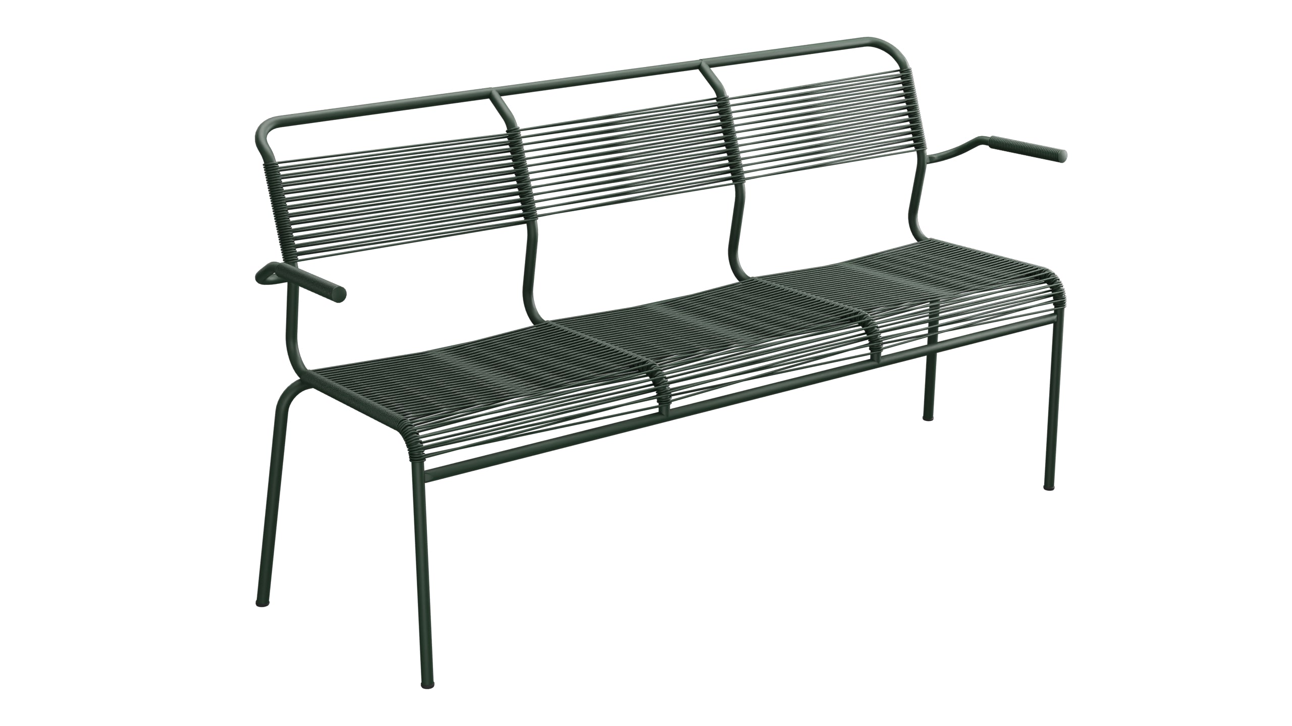 Säntis Spaghetti-3er-Gartenbank mit Armlehne in Tannengrün präsentiert im Onlineshop von KAQTU Design AG. Gartenbank ist von Schaffner