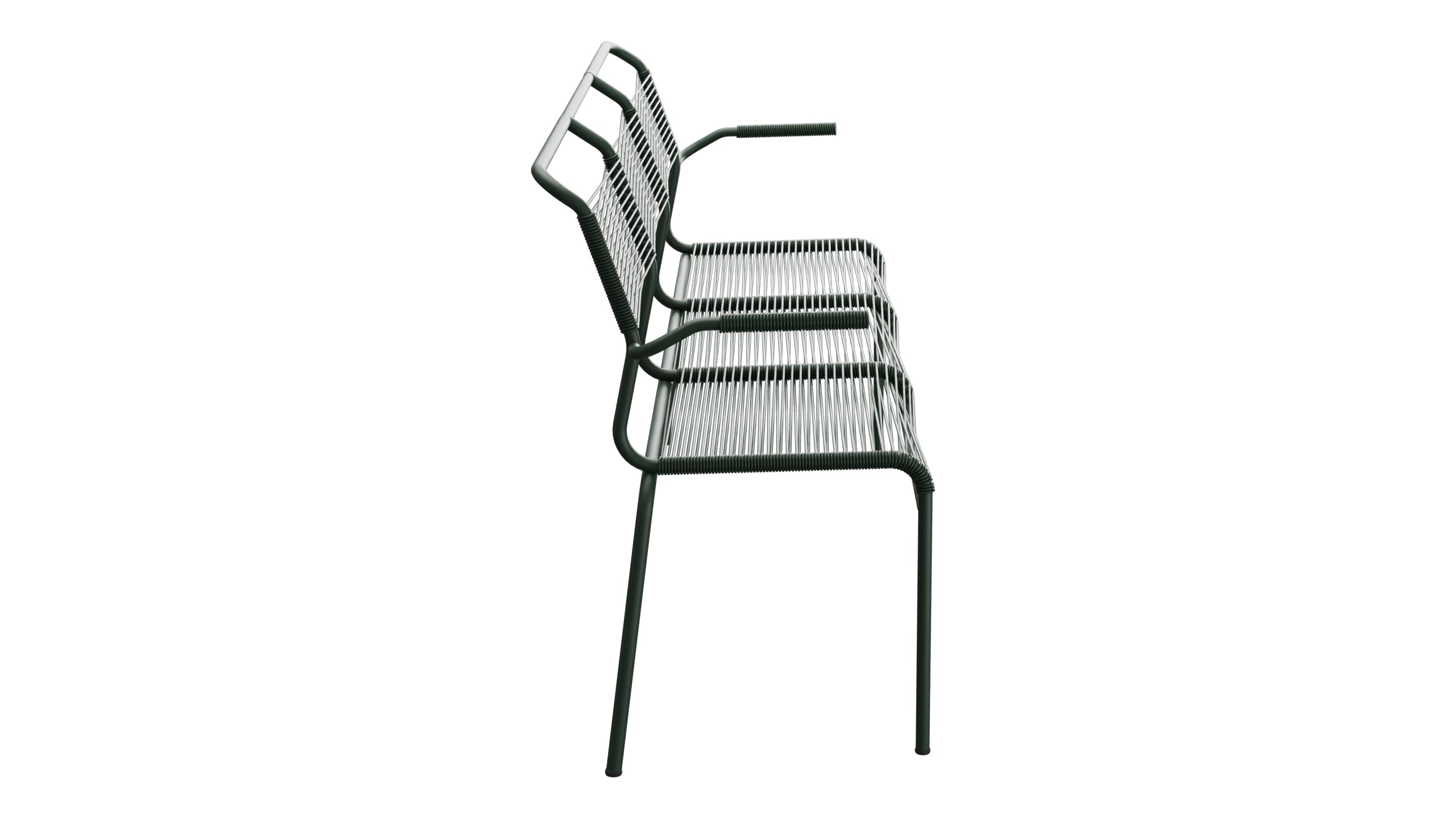 Säntis Spaghetti-3er-Gartenbank mit Armlehne in Tannengrün präsentiert im Onlineshop von KAQTU Design AG. Gartenbank ist von Schaffner