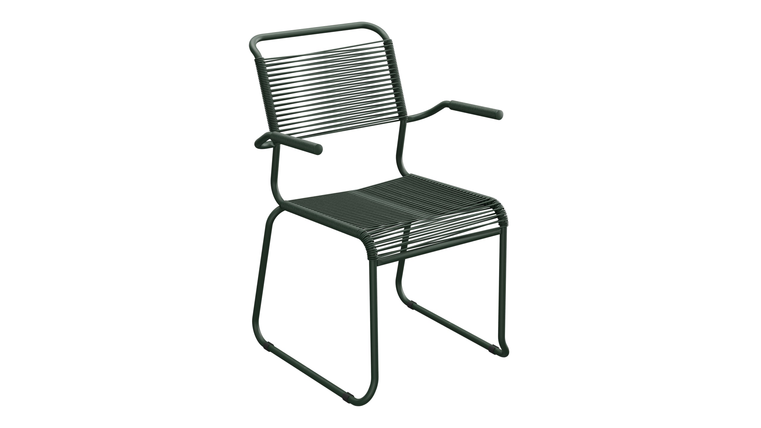 Säntis Spaghetti-Gartenstuhl mit Armlehne Kufen in Tannengrün präsentiert im Onlineshop von KAQTU Design AG. Gartenstuhl mit Armlehnen ist von Schaffner