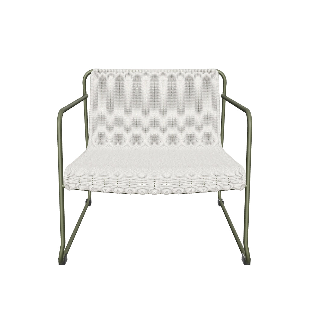 Moderner Sessel aus grün verzinktem Stahl mit écrufarbenem und grauem Seilgeflecht, perfekt für den Außenbereich.