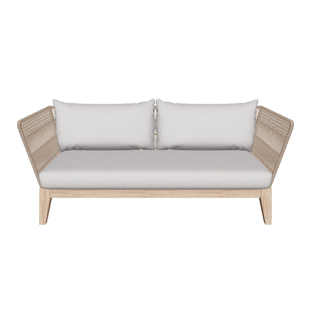 3D-Modell eines eleganten 3-Sitzer-Sofas aus Akazienholz und beigem Seil, ideal für Innen- und Außenbereiche.