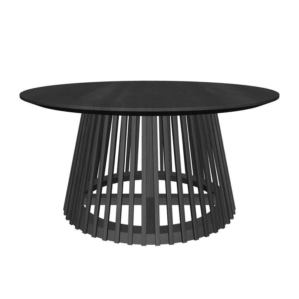 3D-Modell eines eleganten, schwarzen Couchtischs aus Mindi-Holz, Ø 80 cm, FLEGT-zertifiziert, für AR geeignet.
