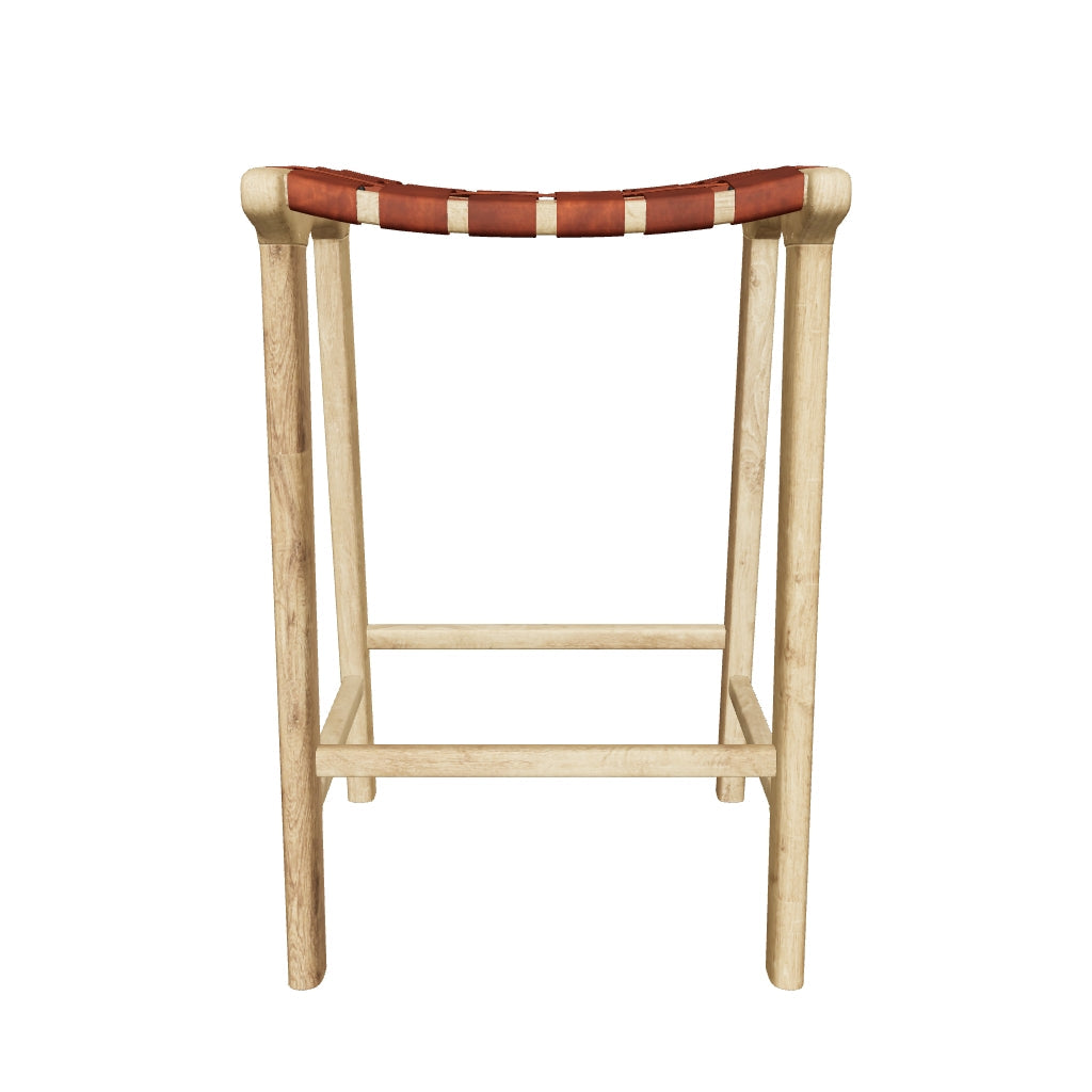 3D-Modell des eleganten Calixta Hockers aus Teakholz, 67 cm hoch, mit Lederriemen, ideal für Bar und Küche.