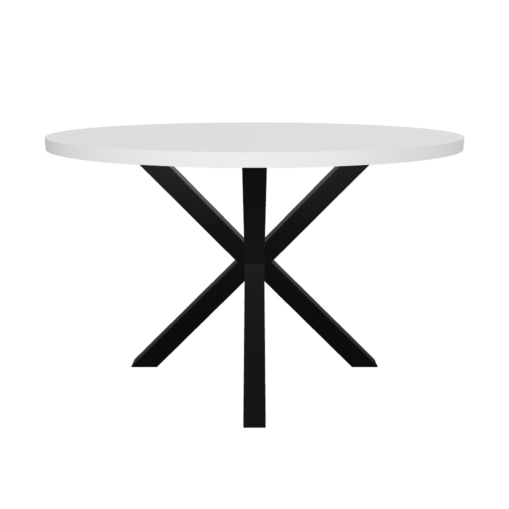 Runder Tisch Argo mit weißer Melamin-Tischplatte und schwarzen Stahlbeinen, Durchmesser 120 cm, modernes Design für vielseitige Nutzung.