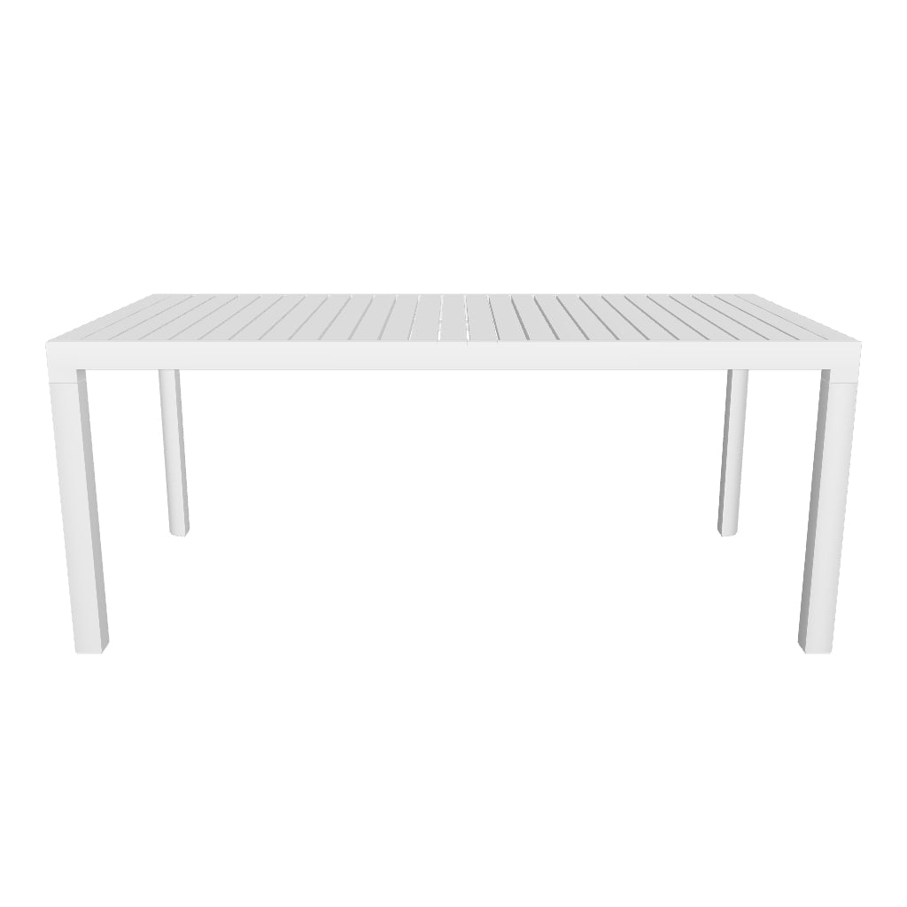 Moderner Gartentisch aus weiß lackiertem Aluminium, rechteckig mit den Maßen 180 x 90 cm, perfekt für den Außenbereich.
