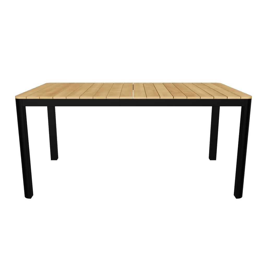 Outdoor-Esstisch aus robustem Teakholz und schwarzem Aluminium, wetterfest und modern, 160 x 90 cm.