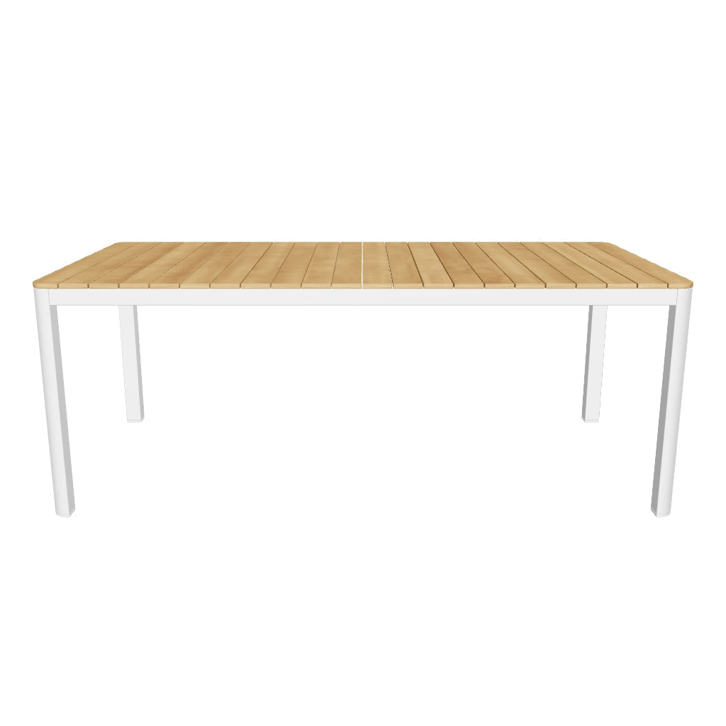 Moderner Outdoor-Tisch Bona aus massivem Teakholz und weißem Aluminium, 200 x 100 cm, robust und wetterbeständig für den Außenbereich.