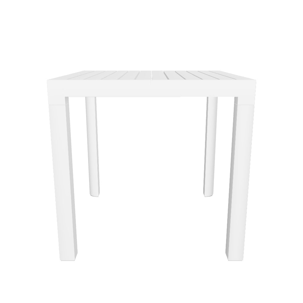 Weißer Gartentisch Culip aus Aluminium, quadratisch mit den Maßen 77 x 77 cm, modernes Design, robust und wetterbeständig.