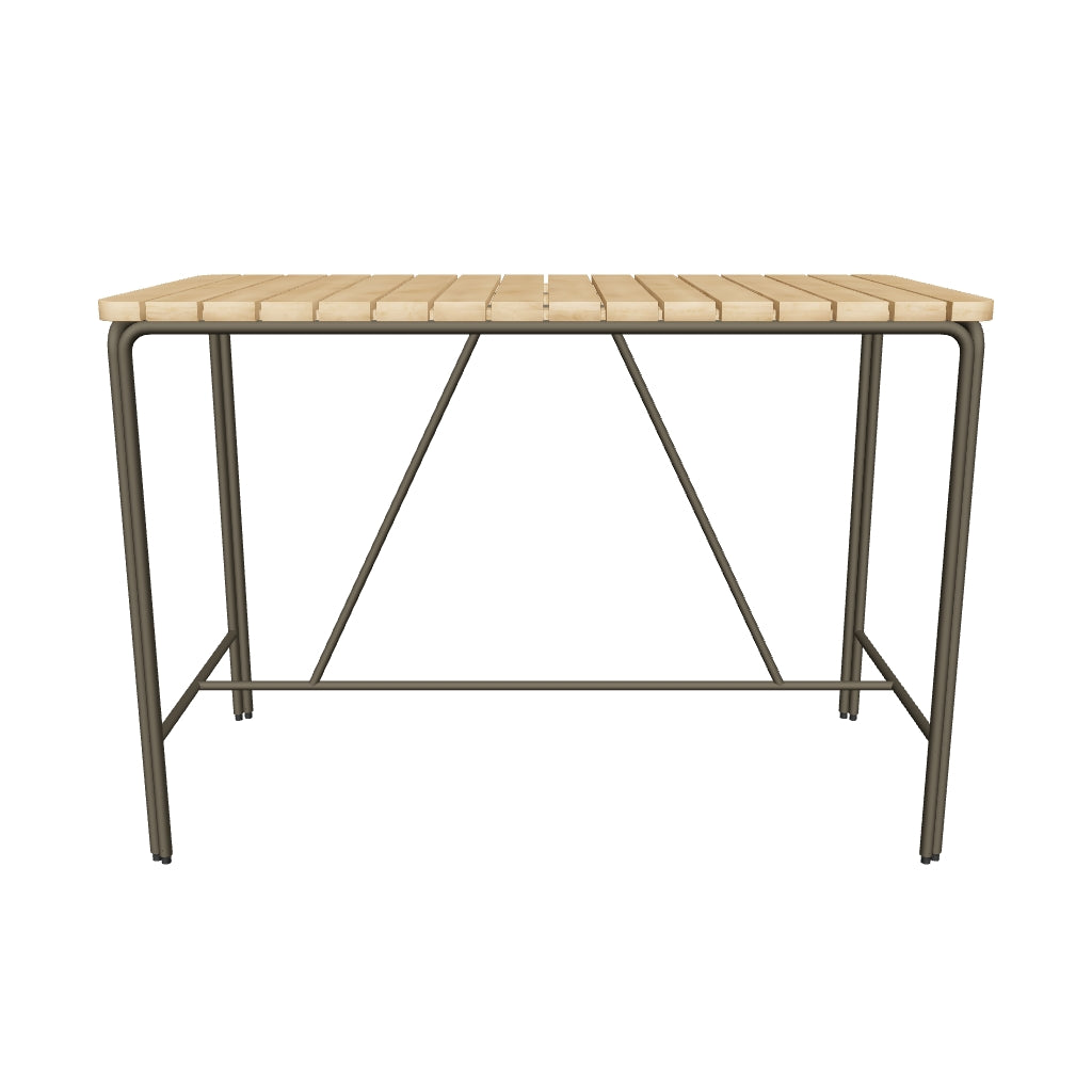 Outdoor-Hochtisch aus massivem Akazienholz und robustem Stahl, 140 x 70 cm, FSC 100% zertifiziert, ideal für Garten oder Terrasse.