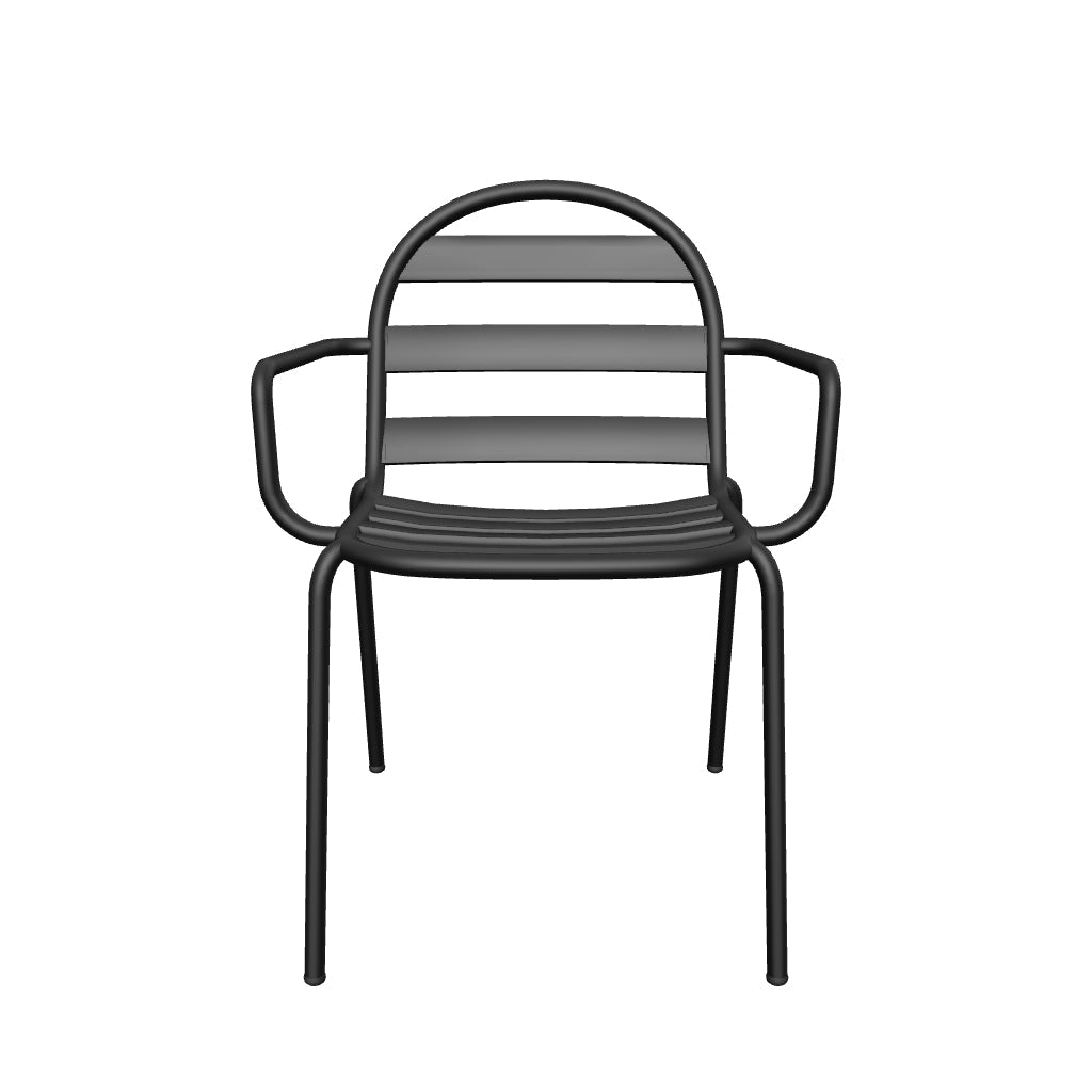 Stapelbarer Gartenstuhl aus grauem Aluminium mit modernem und schlichtem Design, ideal für den Außenbereich.