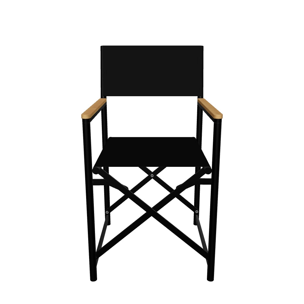 Klappstuhl Llado aus schwarzem Aluminium und massivem Teakholz, ideal für den Außenbereich.