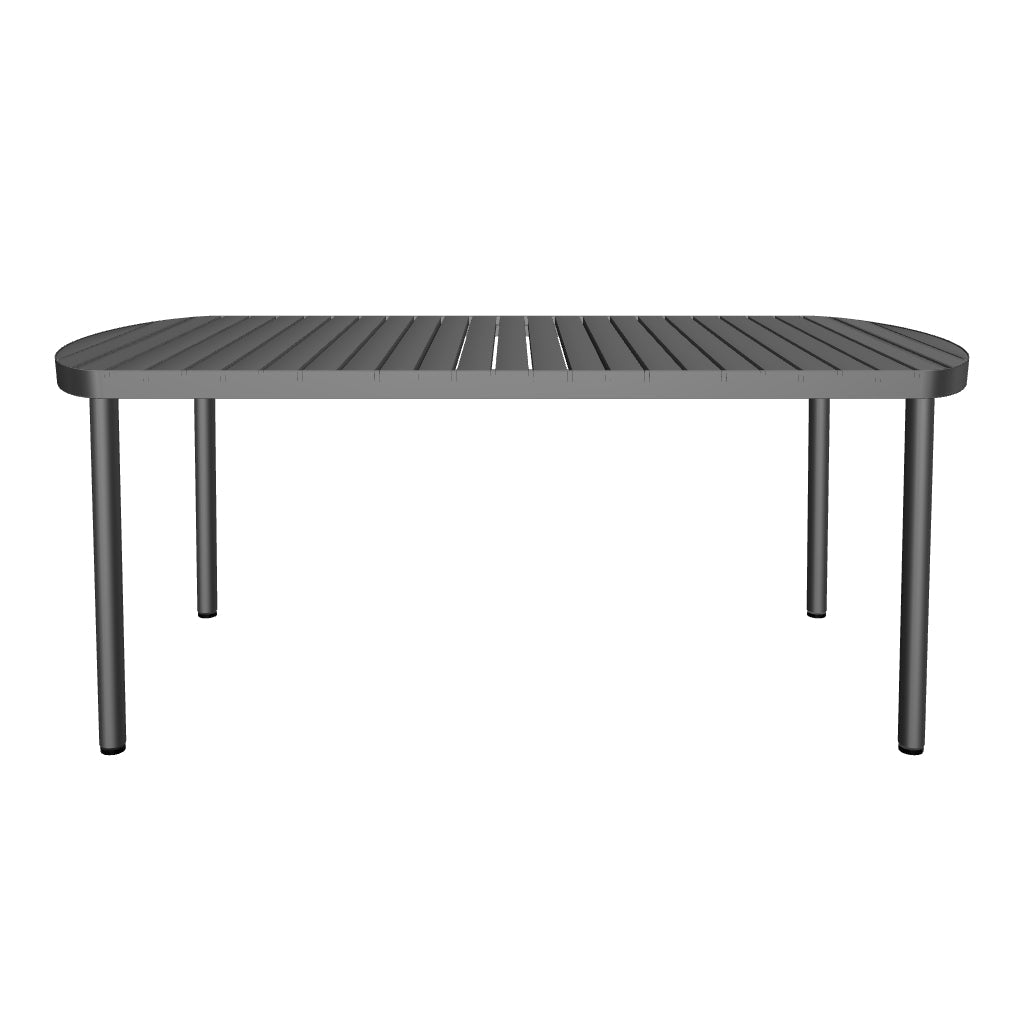 Gartentisch Joncols aus grauem Aluminium mit eleganter, minimalistischer Optik, ideal für den Außenbereich und ausreichend Platz für bis zu sechs Personen.