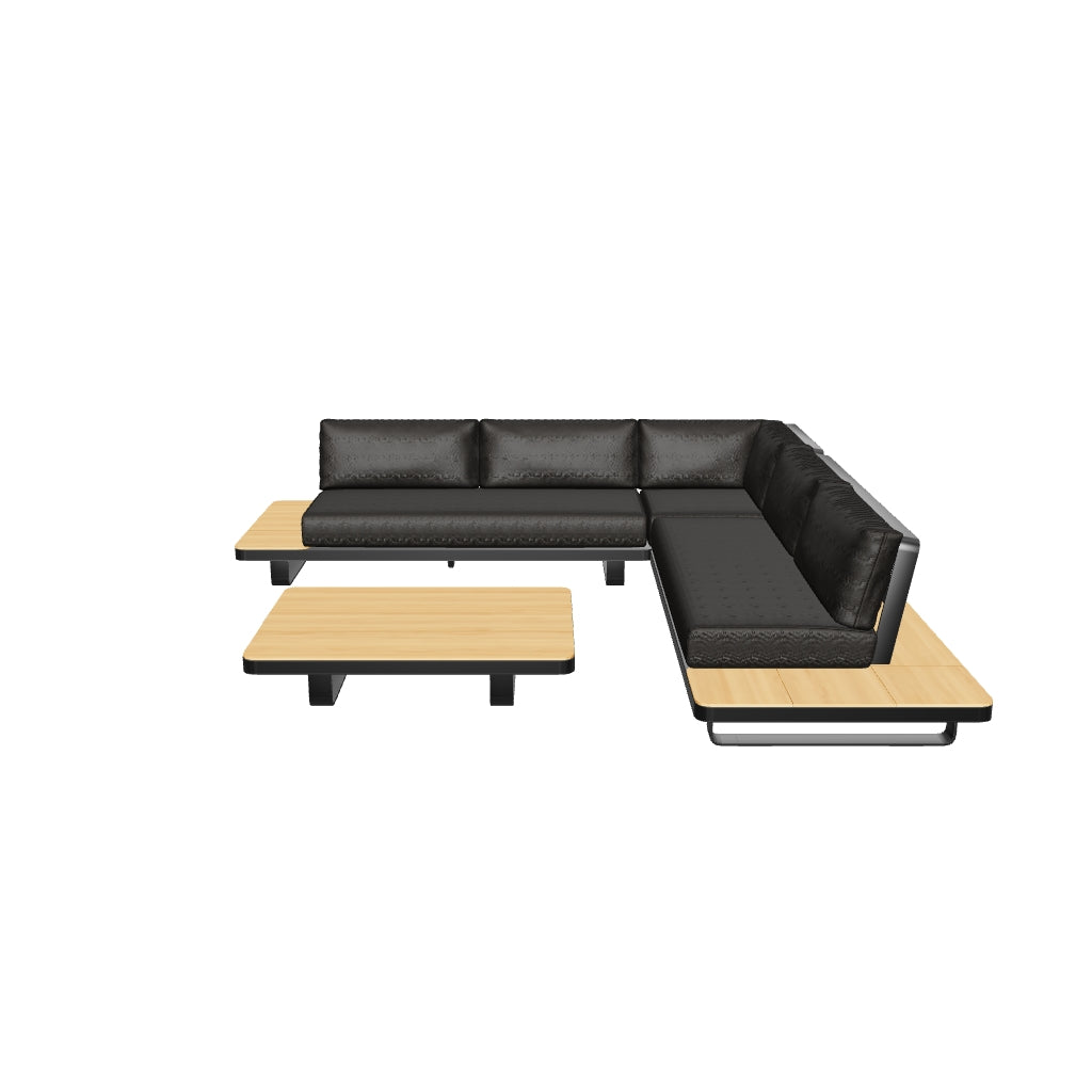 5-Sitzer-Ecksofa-Set mit modernem Design, gefertigt aus robustem Aluminium und nachhaltigem Teakholz (FSC 100%), inklusive passendem Tisch für den Außenbereich.