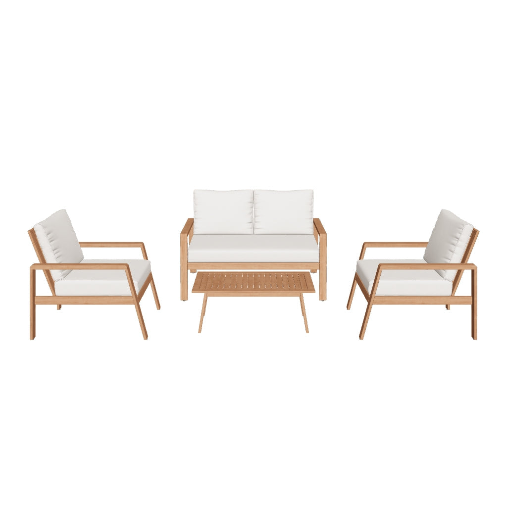Set aus 2-Sitzer-Sofa, 2 Sesseln und Couchtisch aus massivem, FSC-zertifiziertem Akazienholz – modernes Design für den Außenbereich.