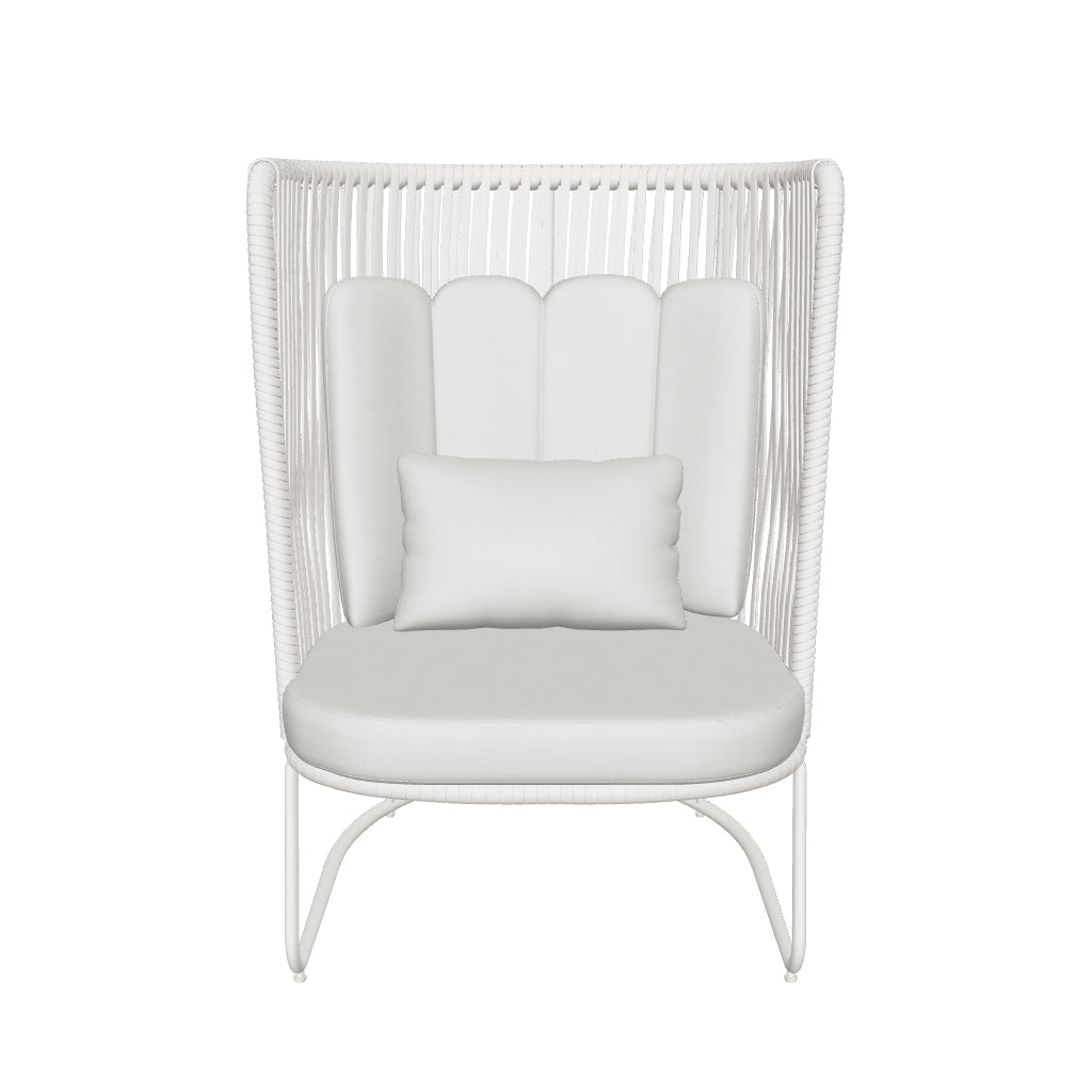 Outdoor-Sessel mit hoher Rückenlehne, grauem Seilgeflecht und robustem, verzinktem Stahlgestell, ideal für eine moderne Terrassengestaltung.