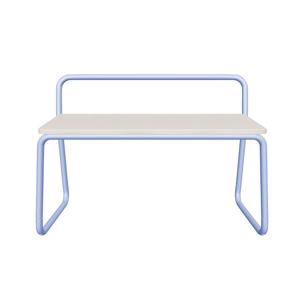 Bank Tinn, 75 cm, mit Sitzfläche aus hellem Eschenfurnier und stabilem blauem Metallgestell, ideal für modernes Interieur.