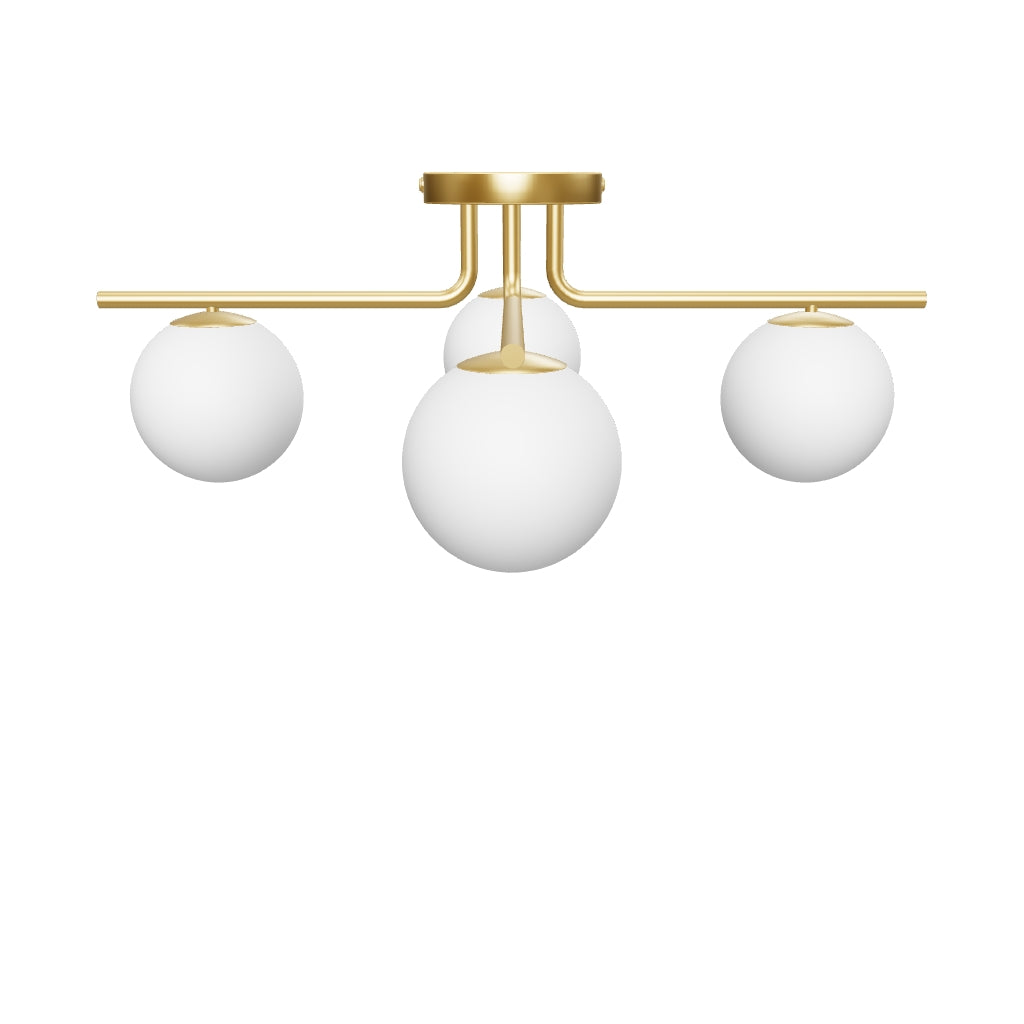 Deckenleuchte Brisia aus Metall mit gebürstetem Messing-Finish und vier mattierten Glaskugeln Ø 15 cm in Gold, Weiss präsentiert im Onlineshop von KAQTU Design AG. Lampenschirm ist von Kave Home