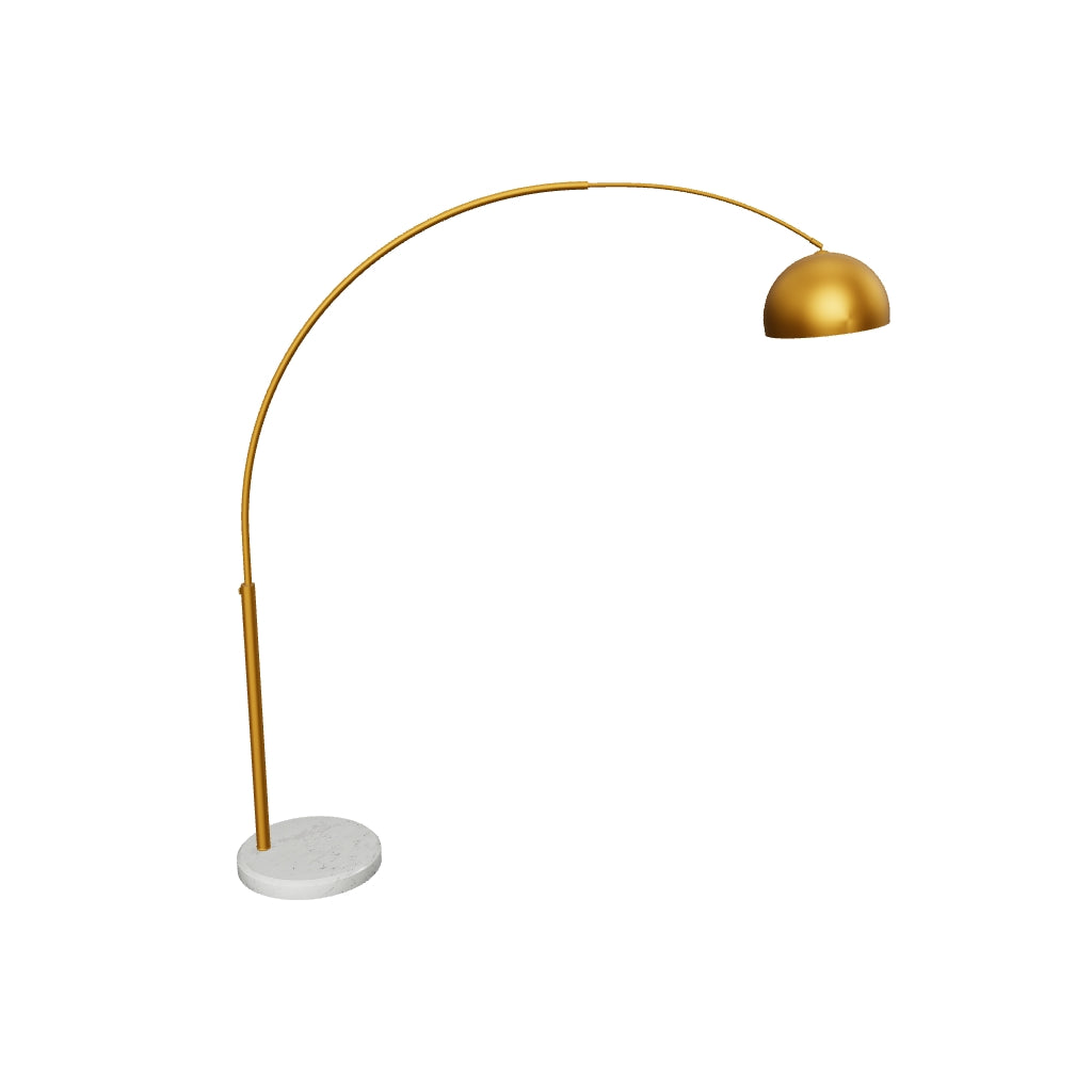 Elegante Stehleuchte Madali aus Metall mit edlem Messing-Finish und stabilem Sockel aus weißem Marmor.