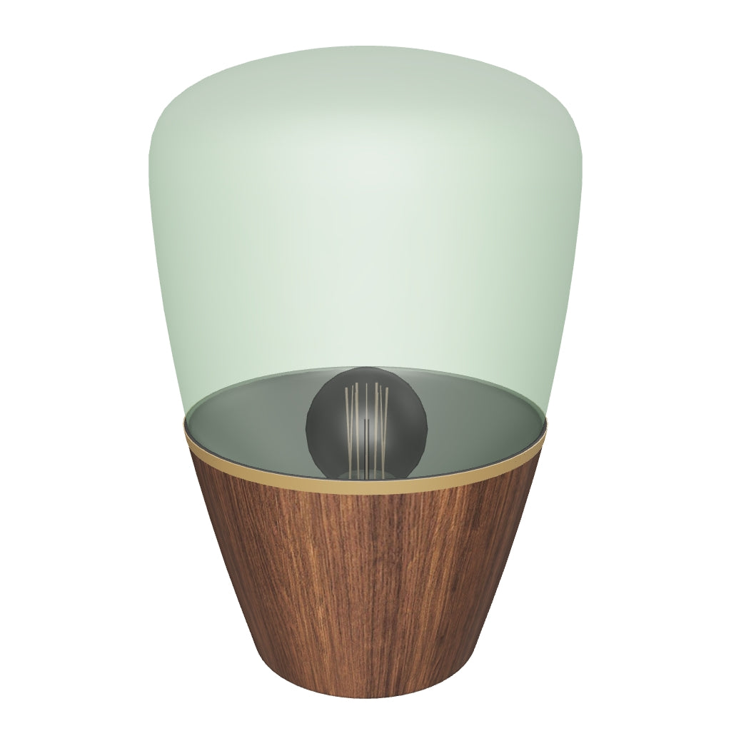 Tischleuchte Silex mit natürlichem Walnussfurnier und grünem Glas, modernes Design für eine warme und einladende Atmosphäre.