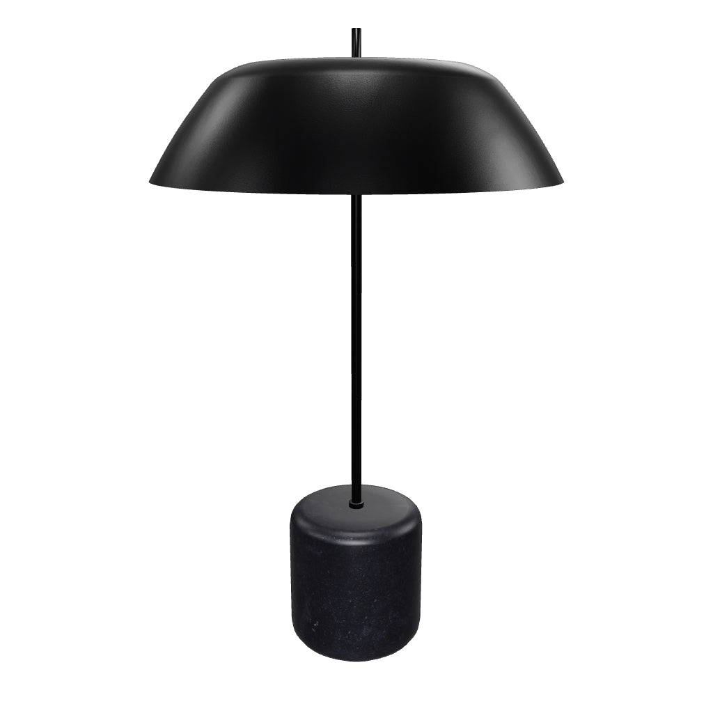 Tischleuchte Sayra mit schwarzem Marmorsockel und mattschwarzem Metall, modernes Design für stilvolle Innenräume.