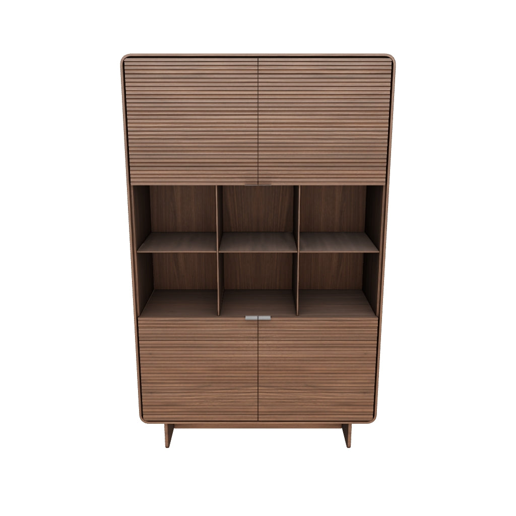 Highboard Norlen mit 4 Türen aus Nussbaumfurnier FSC Mix Credit 100 x 163 cm in Dunkelbraun präsentiert im Onlineshop von KAQTU Design AG. Sideboard ist von Kave Home