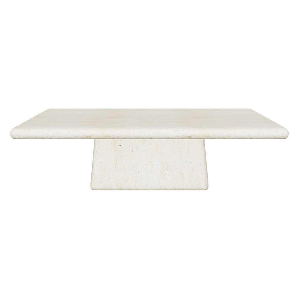 Moderner Couchtisch Drasi aus Zement mit authentischer Travertinoptik, rechteckig, 140 x 70 cm, vielseitig einsetzbar und stilvoll designt.
