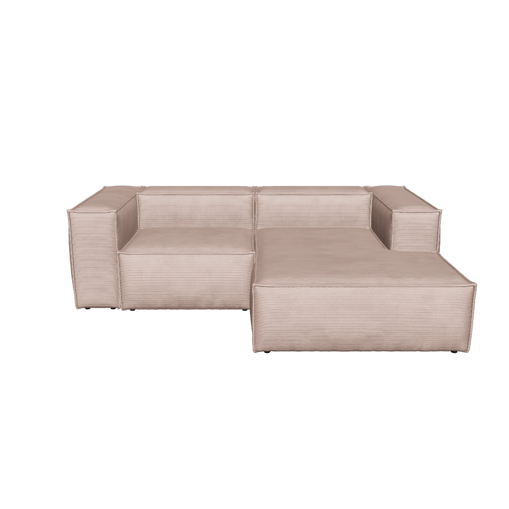 Rosa 2-Sitzer-Sofa mit breitem Cordbezug und rechter Chaiselongue, 240 cm breit, modernes Design für gemütliche Wohnräume.