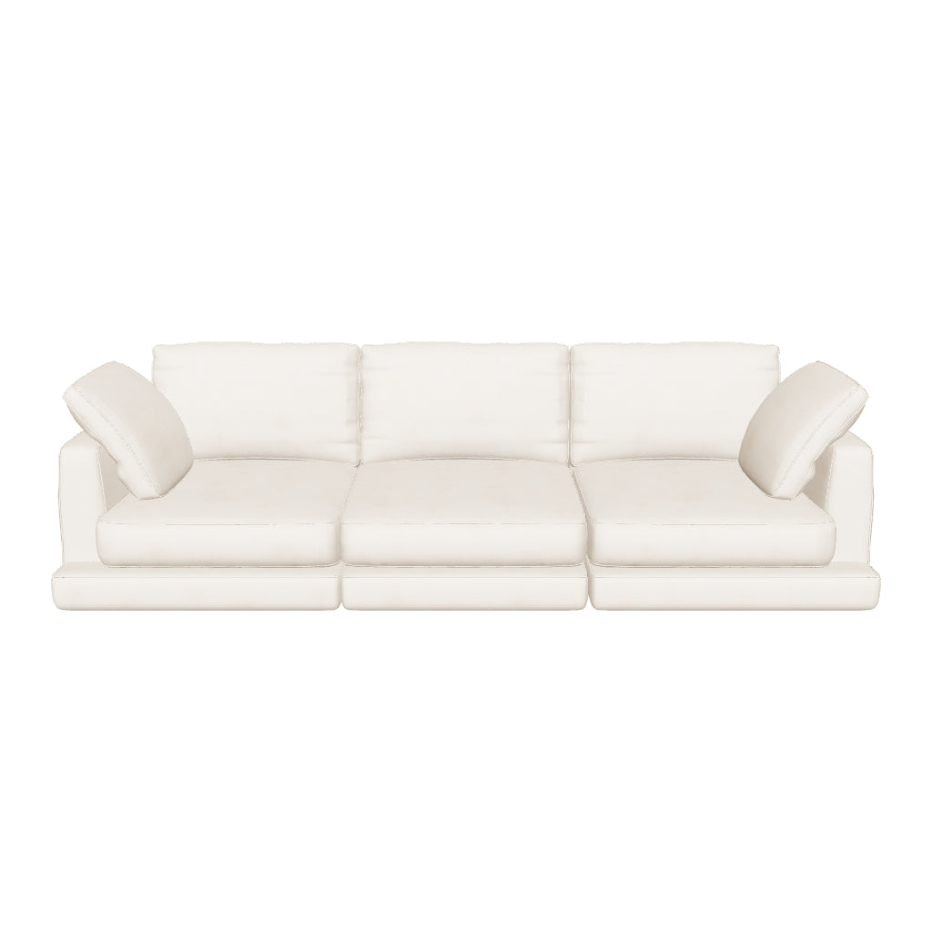 4-Sitzer-Sofa aus beigem Chenille, 300 cm breit, modernes Design, umweltfreundlich dank FSC-Zertifizierung, komfortabel und stilvoll.