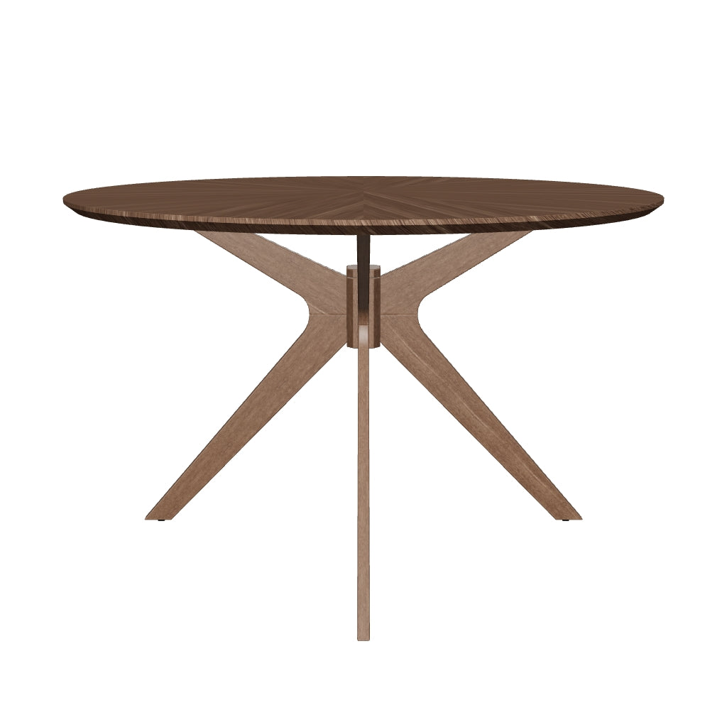 Runder Esstisch aus hochwertigem Nussholzfurnier mit 120 cm Durchmesser, natürlicher Holzoptik und robustem Design.