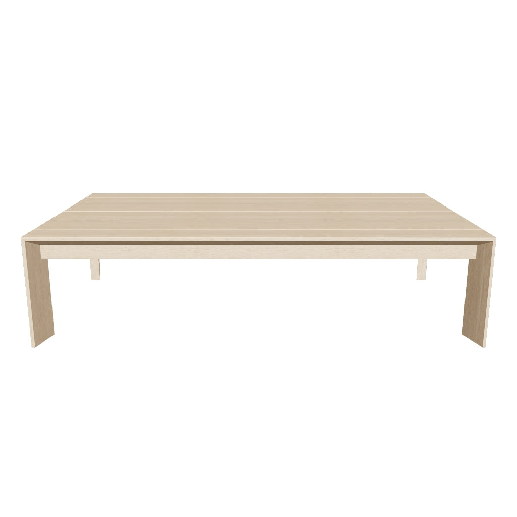 Couchtisch Ambra aus massivem Akazienholz mit natürlicher Maserung, rechteckige Form, klares Finish, Maße 82,5 x 140 cm.